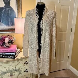 NWOT Chico's Monique Lace Fringe Tan Beige Cardigan Sweater Size 1 or MEDIUM
